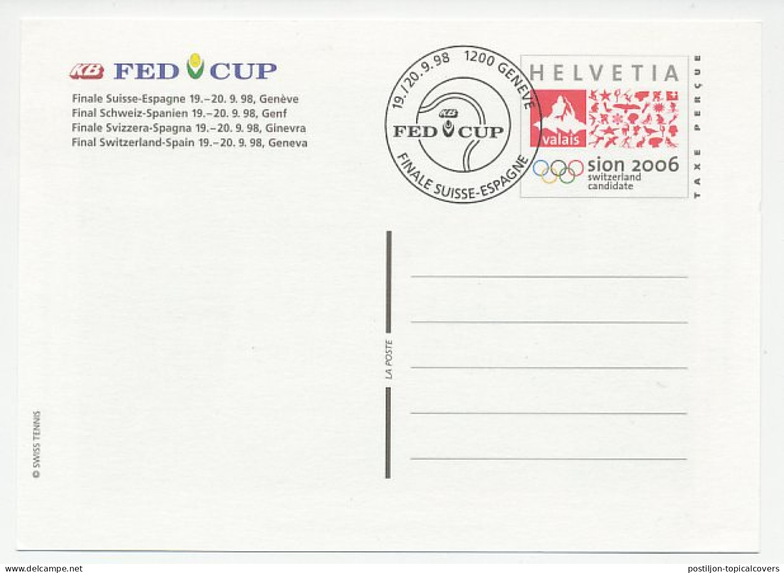 Postal Stationery Switzerland 1998 Tennis - FED Cup - Olympic Candidate Sion - Autres & Non Classés