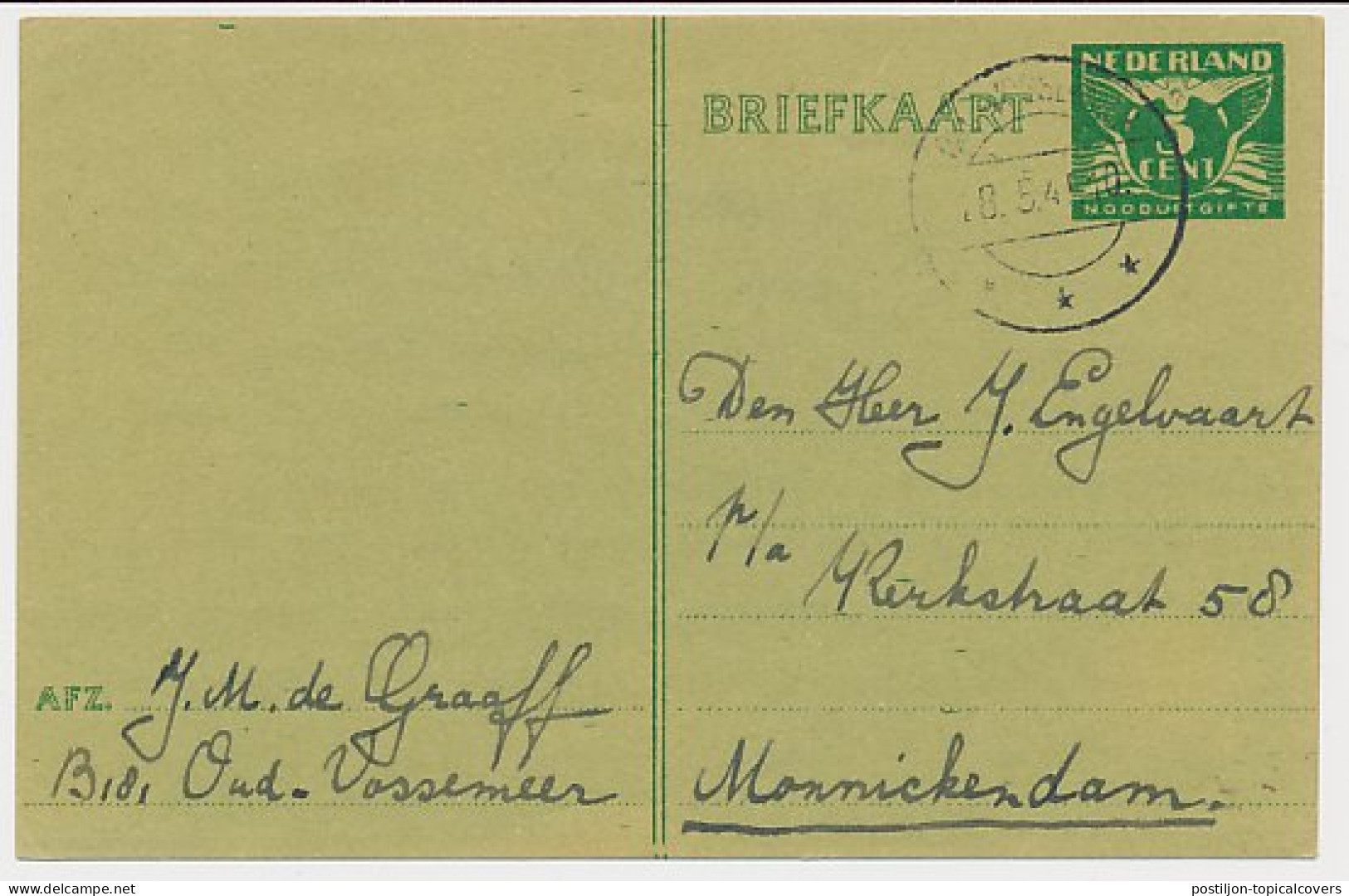 Briefkaart G. 277 C Oud Vossemeer - Monnickendam 1945 - Ganzsachen