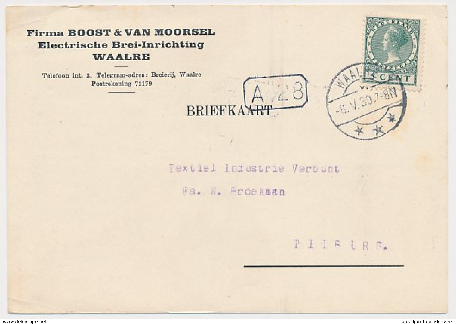 Firma Briefkaart Waalre 1930 - Electrische Brei Inrichting - Ohne Zuordnung
