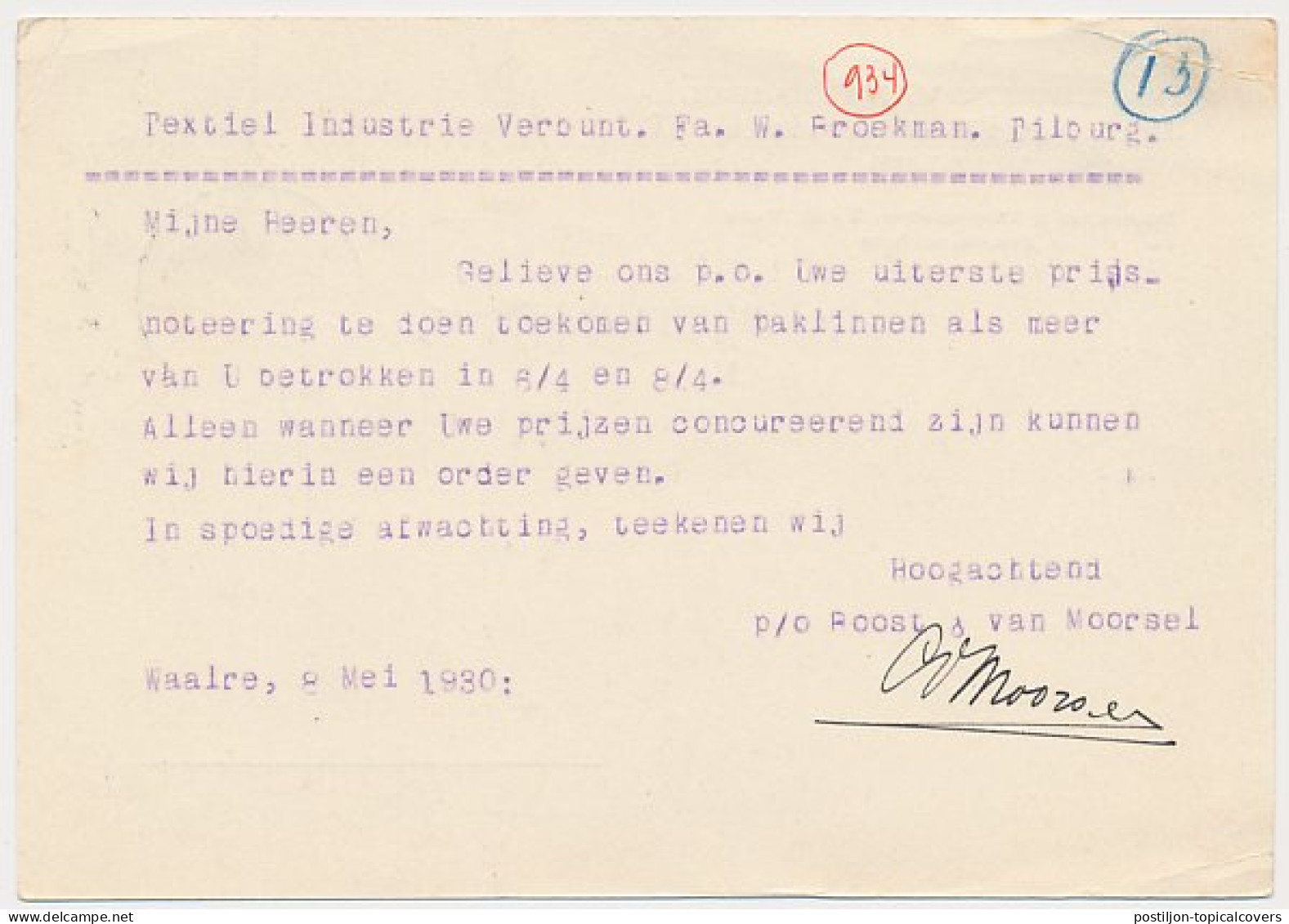 Firma Briefkaart Waalre 1930 - Electrische Brei Inrichting - Ohne Zuordnung