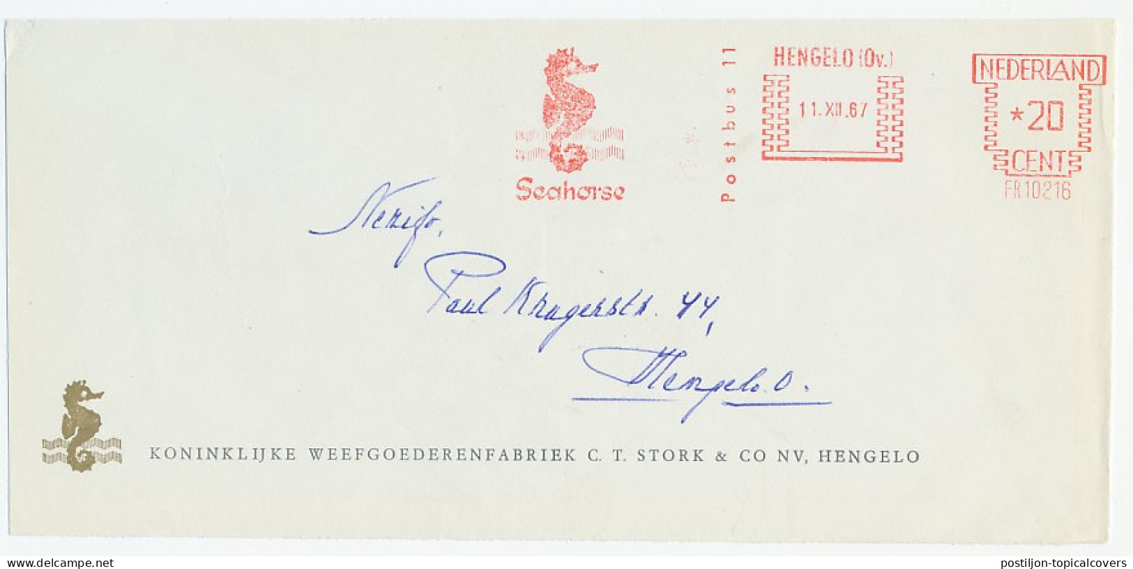 Meter Cover Netherlands 1967 Seahorse - Marine Life