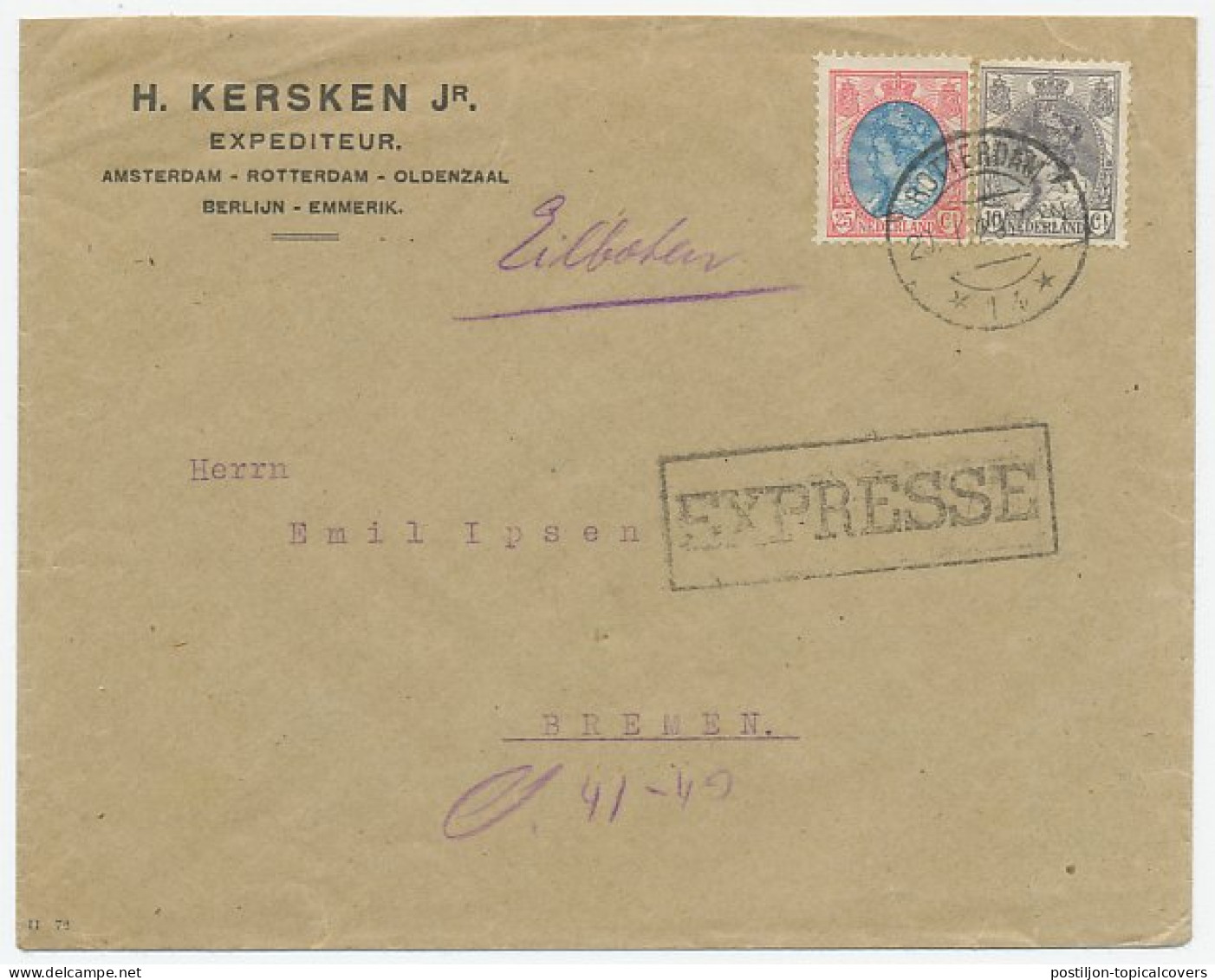 Em. Bontkraag Expresse Rotterdam - Duitsland 1920 - Ohne Zuordnung