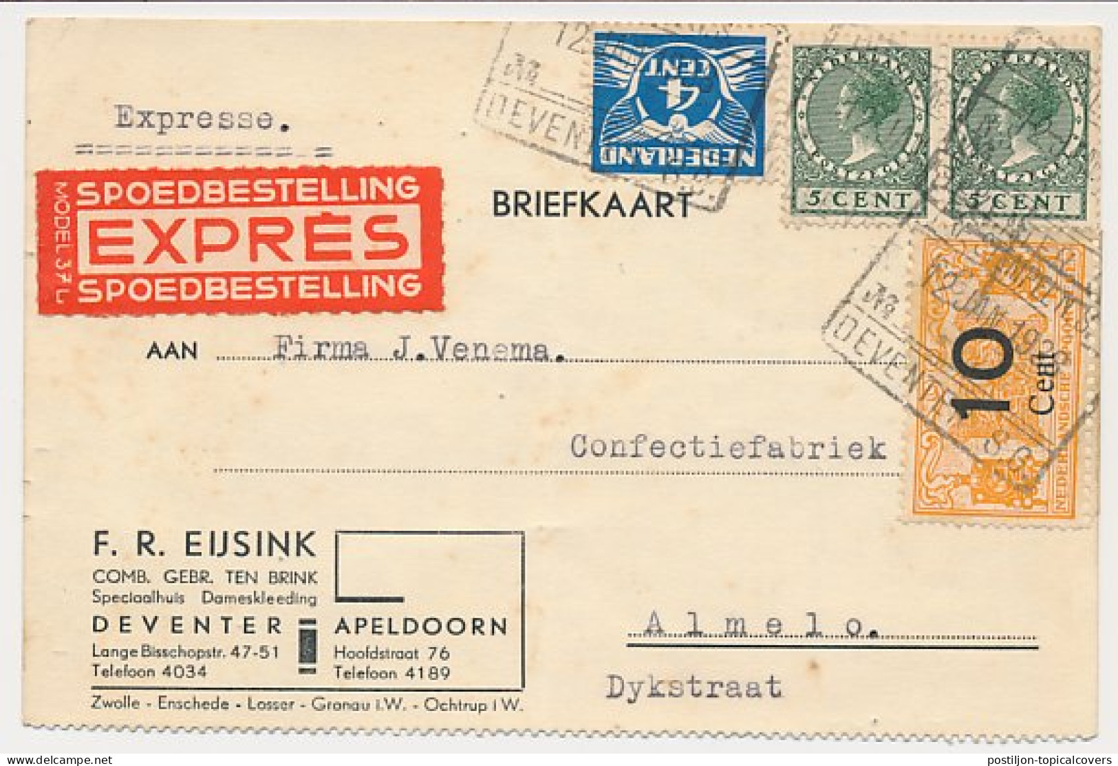 Spoorweg Expresse Poststuk Deventer - Almelo 1938 - Ohne Zuordnung