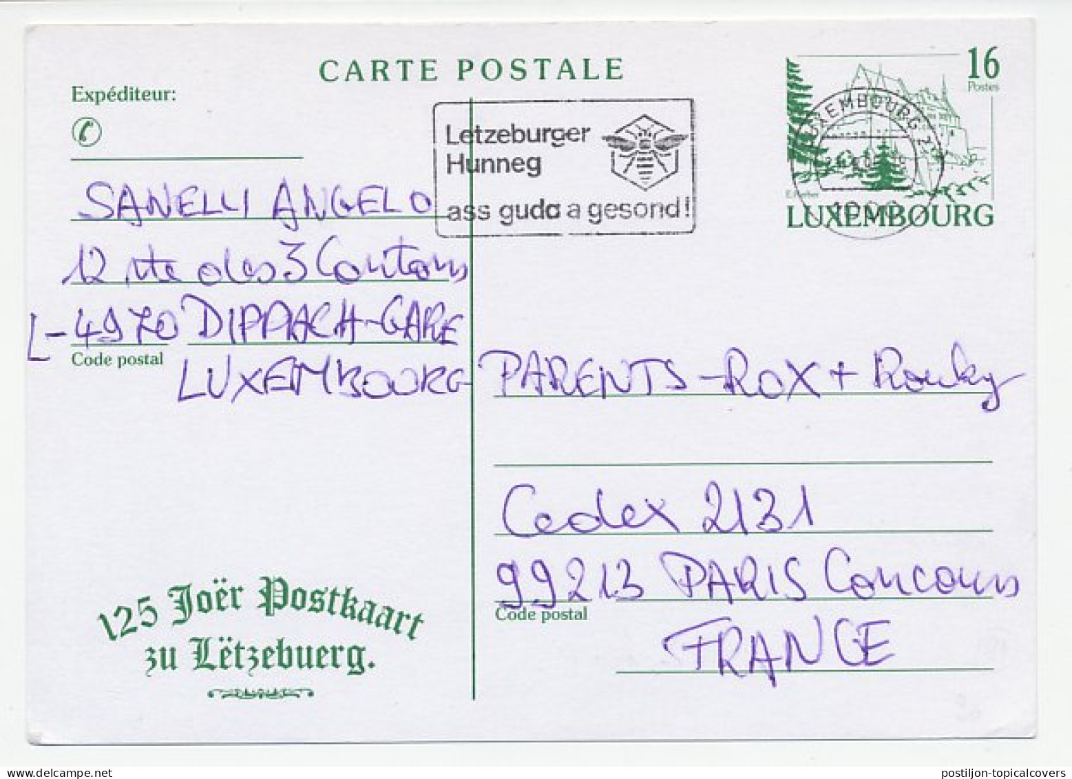 Postcard / Postmark Luxembourg 1995 Bee - Honey - Altri & Non Classificati