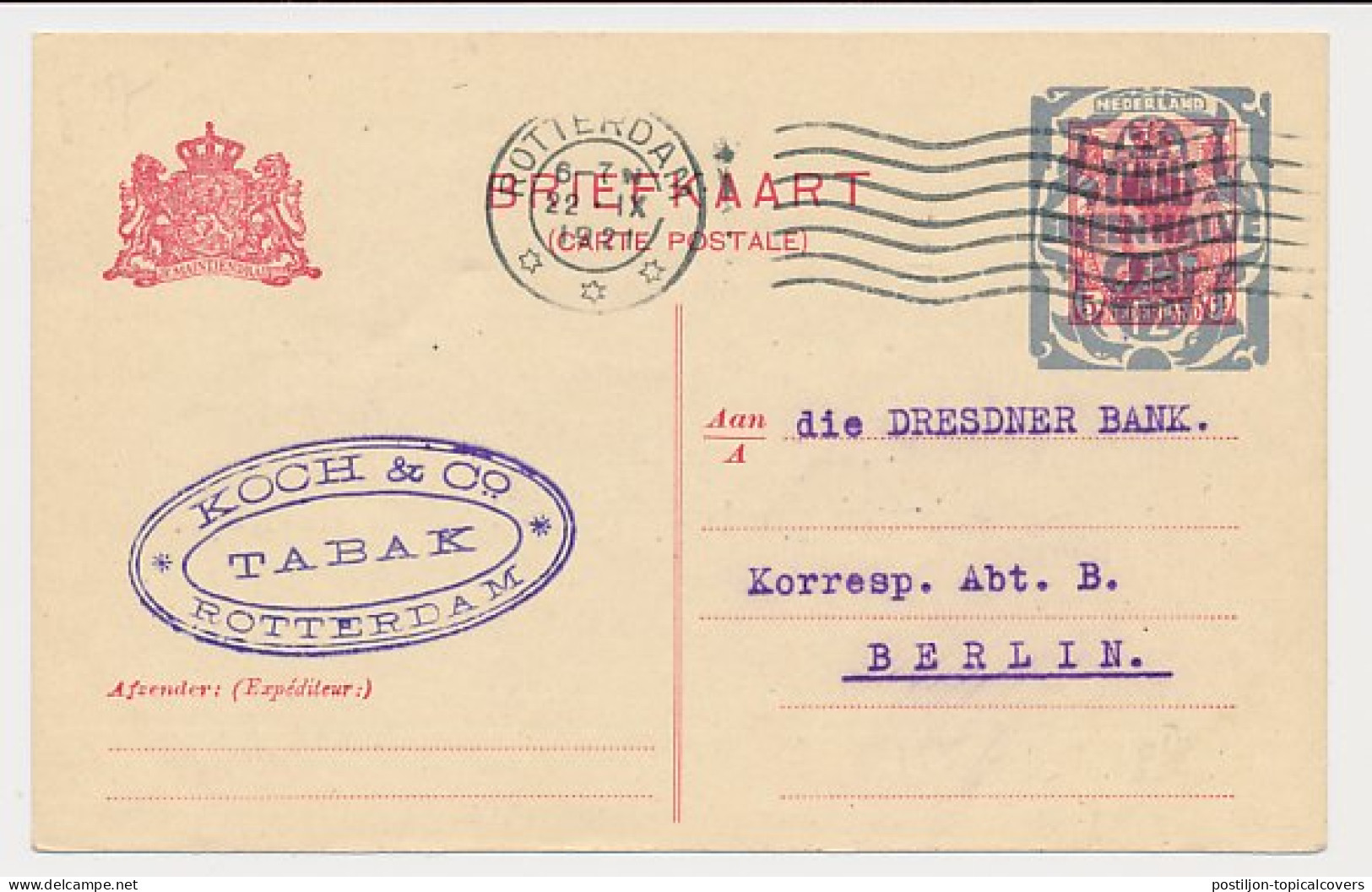 Briefkaart G. 161 Rotterdam - Berlijn Duitsland 1921 - Interi Postali