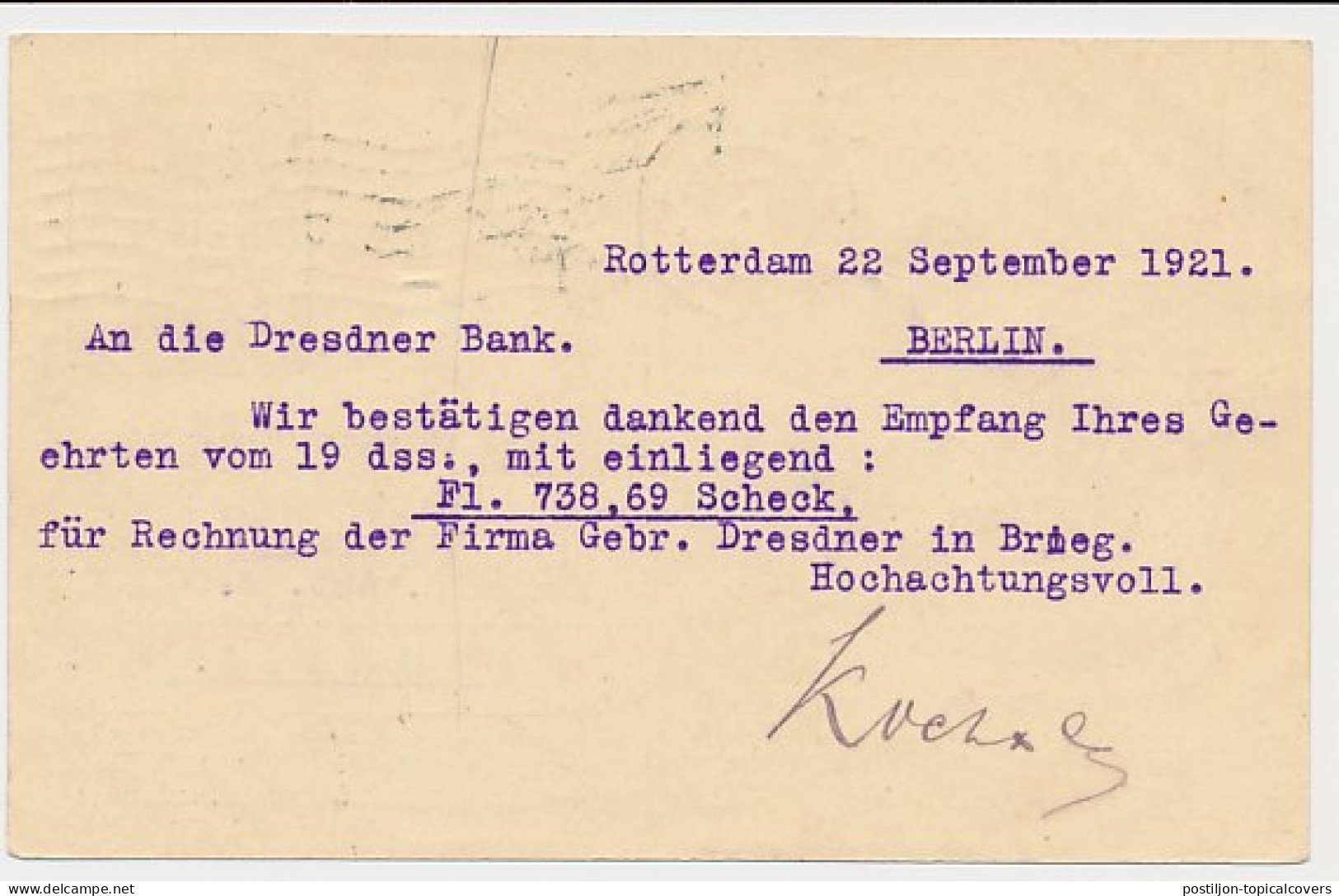 Briefkaart G. 161 Rotterdam - Berlijn Duitsland 1921 - Ganzsachen