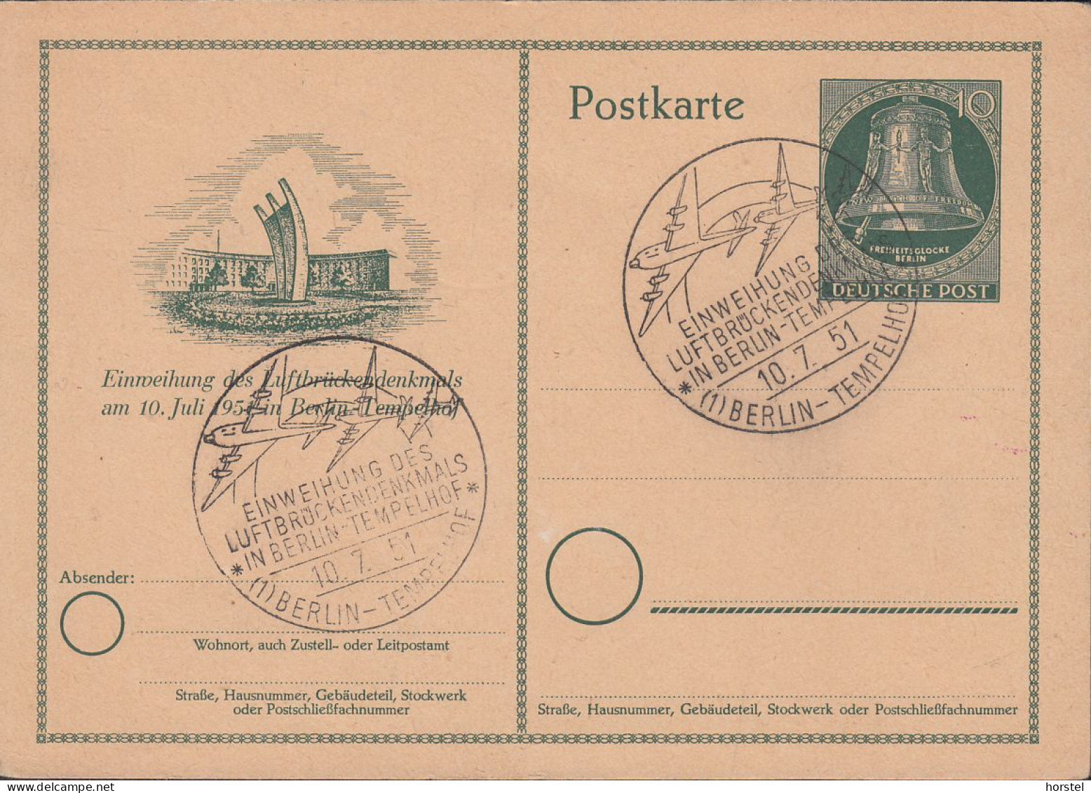 Berlin Mi Nr.76 Ganzsache - Einweihung Luftbrückendenkmal 10.07.1951 - Glocke Links - Postcards - Used