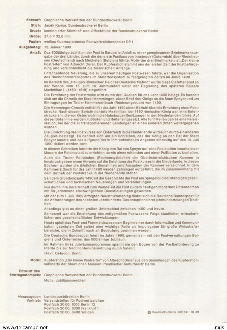 Germany Deutschland 1990-1 500 Jahre Post, Postverbindungen, European Postal Connections, Horse, Durer, Berlin - 1991-2000