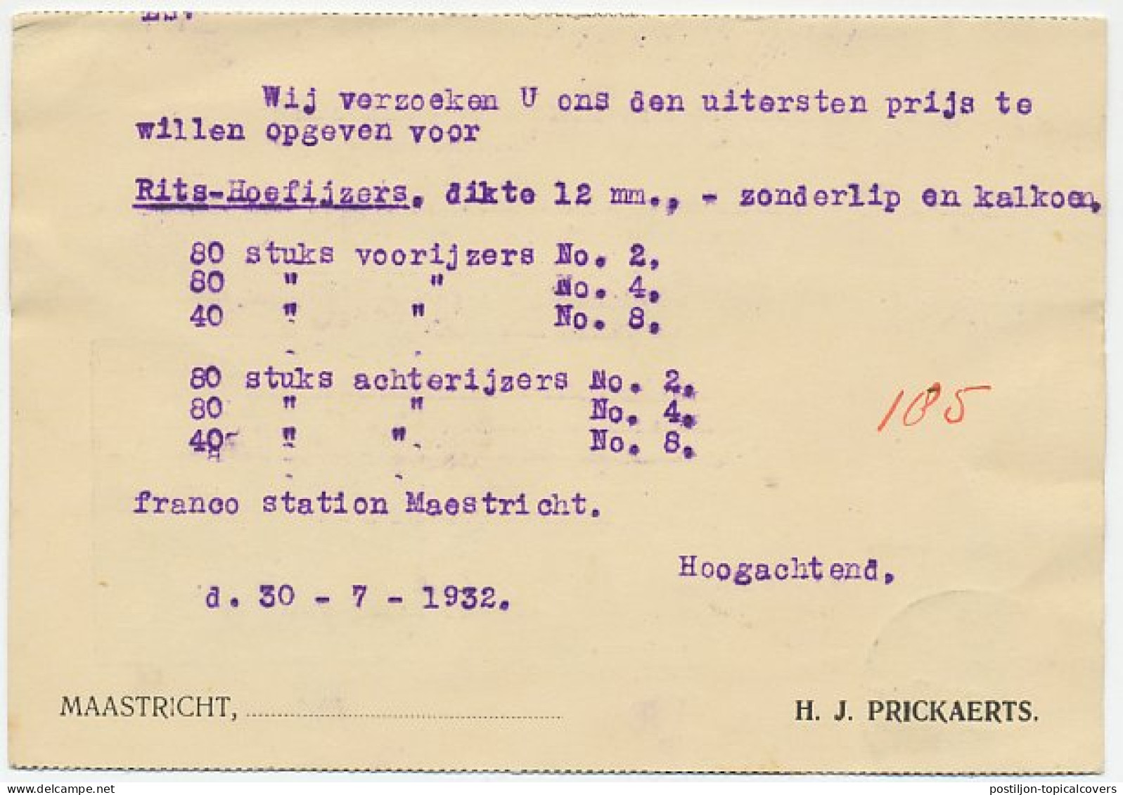 Firma Briefkaart Maastricht 1932 - IJzerhandel - Non Classés