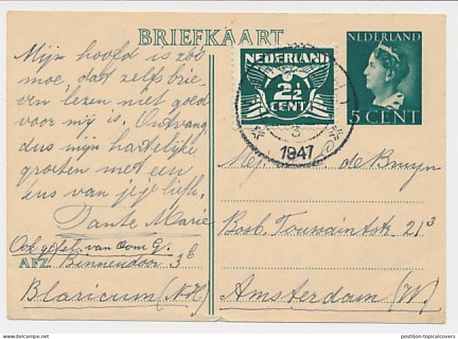 Briefkaart G. 281 / Bijfrankering Blaricum - Amsterdam 1947 - Interi Postali