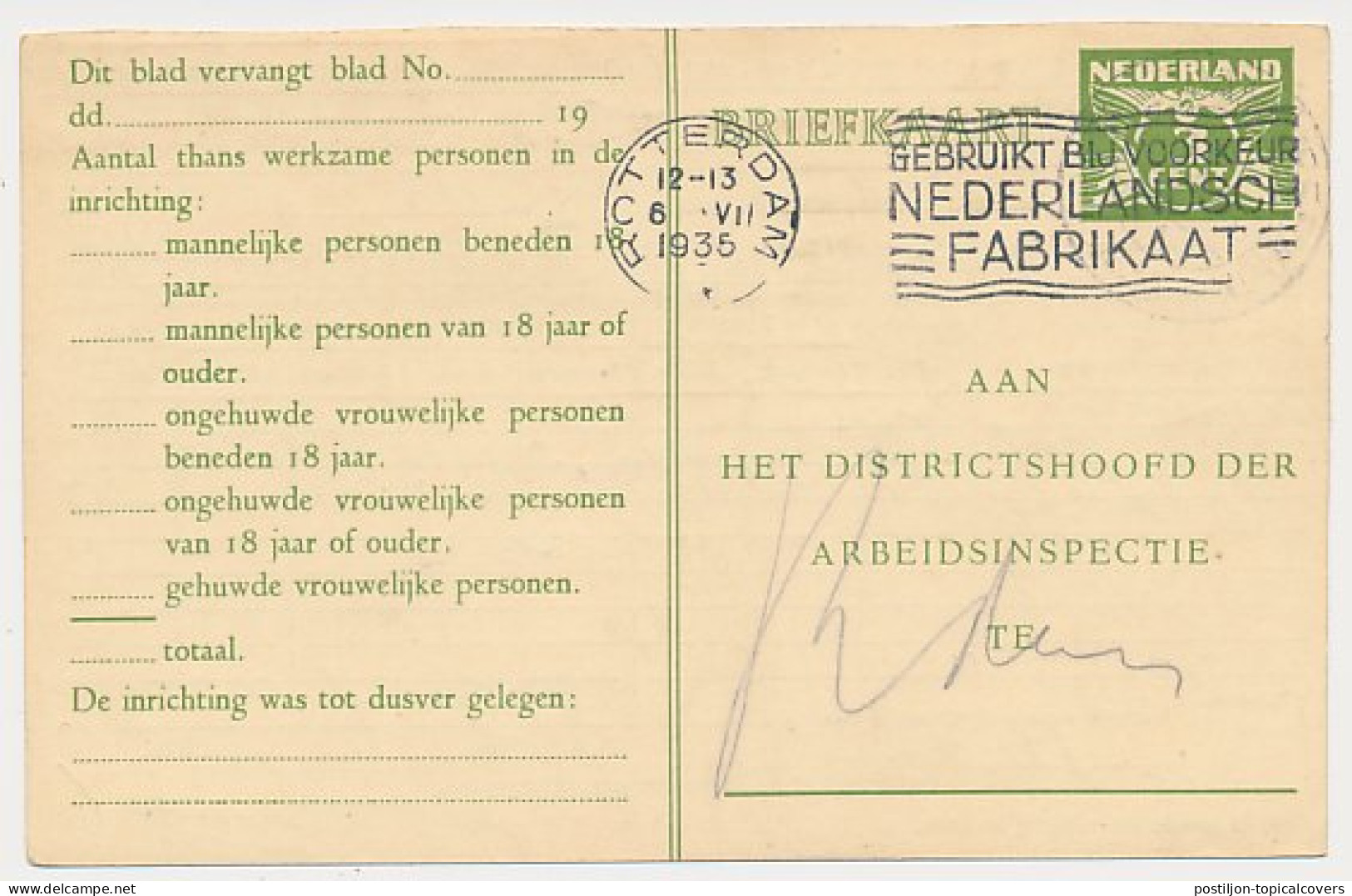 Arbeidslijst G. 15 A Locaal Te Rotterdam 1935 - Entiers Postaux