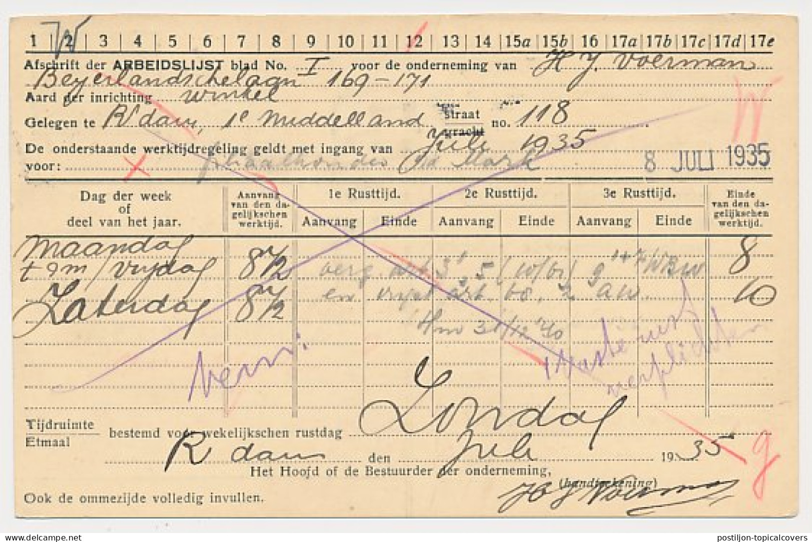 Arbeidslijst G. 15 A Locaal Te Rotterdam 1935 - Ganzsachen