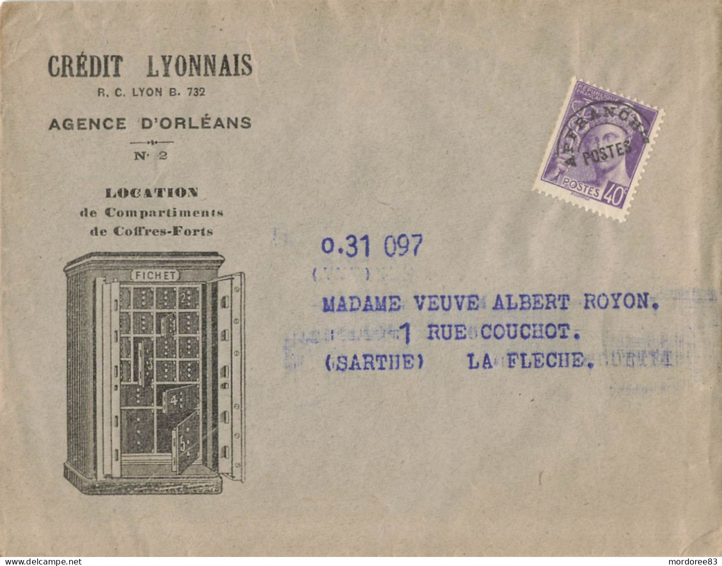 MERCURE 40C SUR IMPRIME CREDIT LYONNAIS ORLEANS PUB LOCATION COFFRES FICHET POUR LA FLECHE VERSO RABAT NON CLOS - 1893-1947