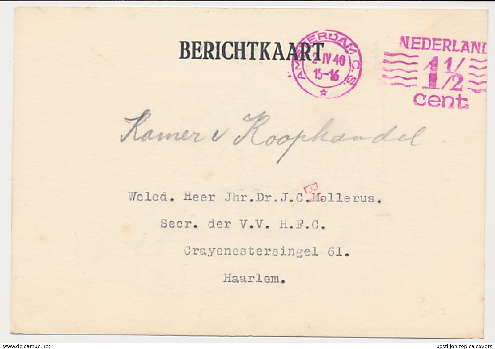 Verhuiskaart Amsterdam 1940 - Saks Theaterbureau - Zonder Classificatie