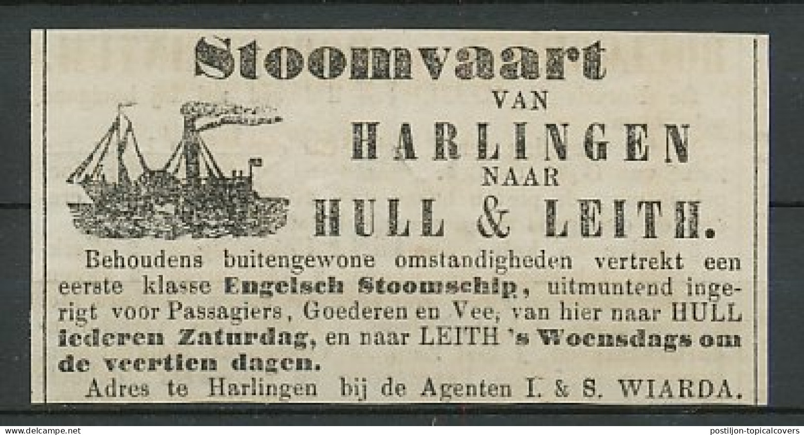 Advertentie 1866 Stoomvaart Harlingen - Engeland - Cartas & Documentos