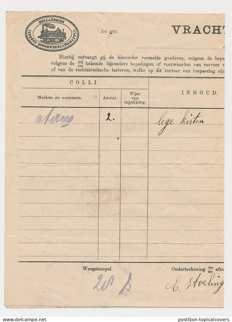 Vrachtbrief H.IJ.S.M. Amsterdam - Den Haag 1910 - Non Classificati