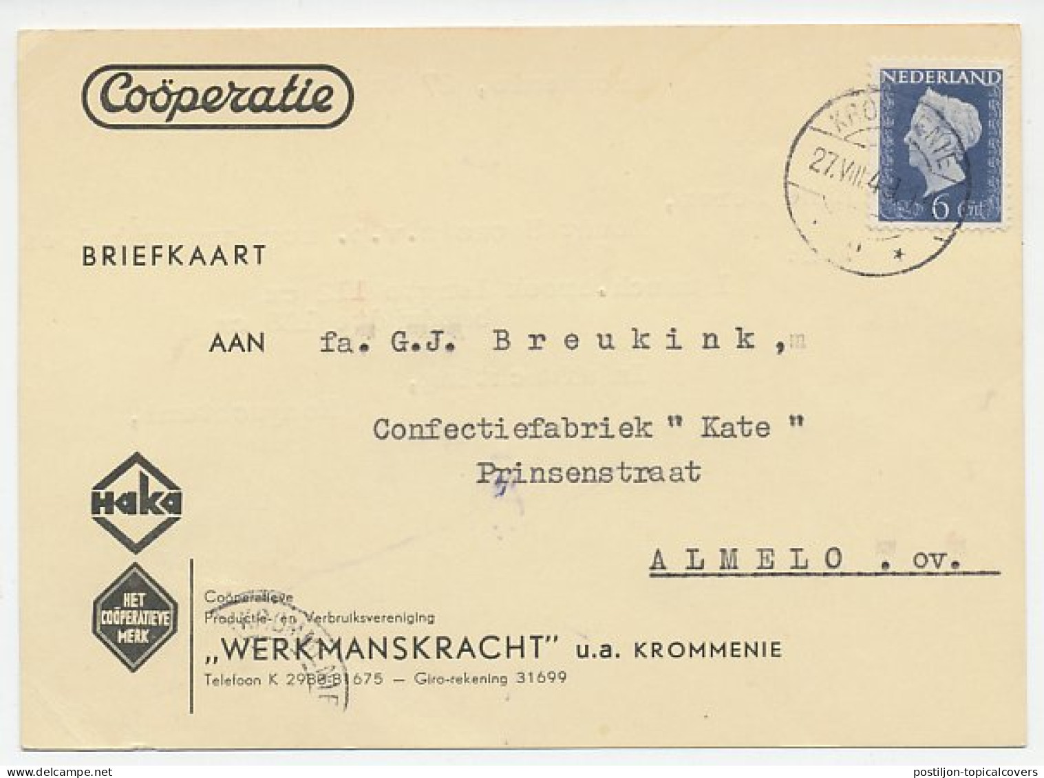 Briefkaart Krommenie 1949 - Cooperatie - Non Classés