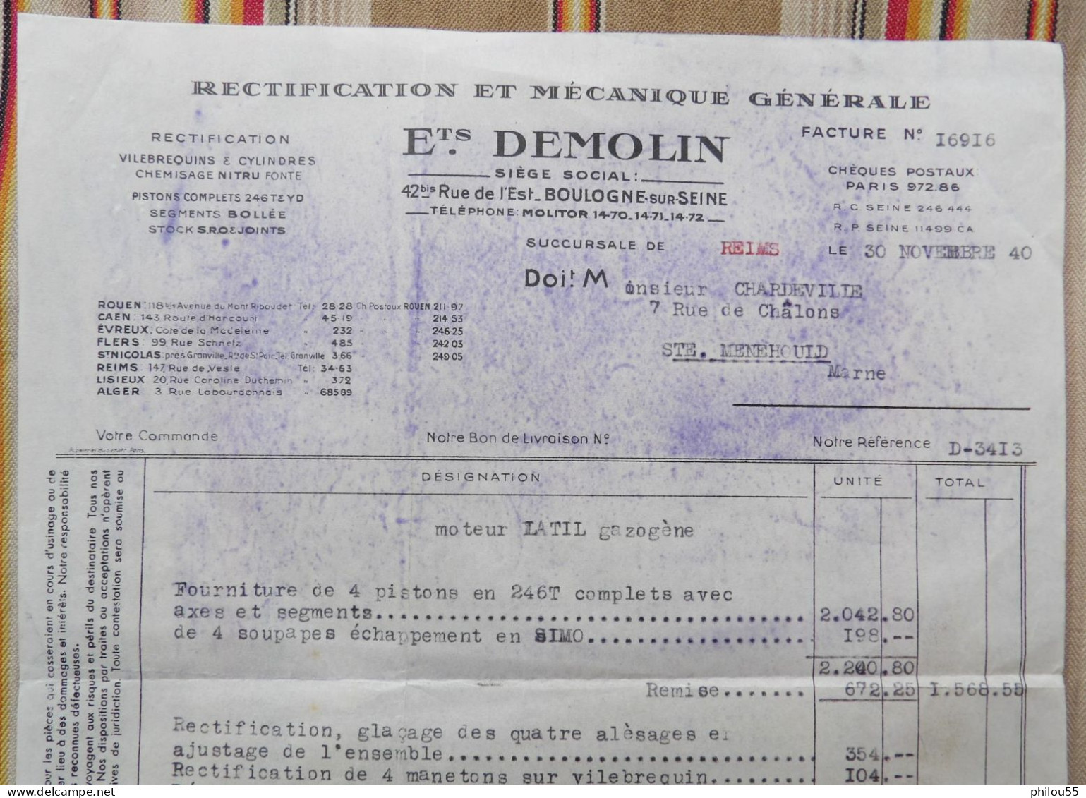 92 BOULOGNS SUR SEINE 51 SAINTE MENEHOULD  Ets DEMOLIN  Pour Garage Chardeville  WW2 - Automobile