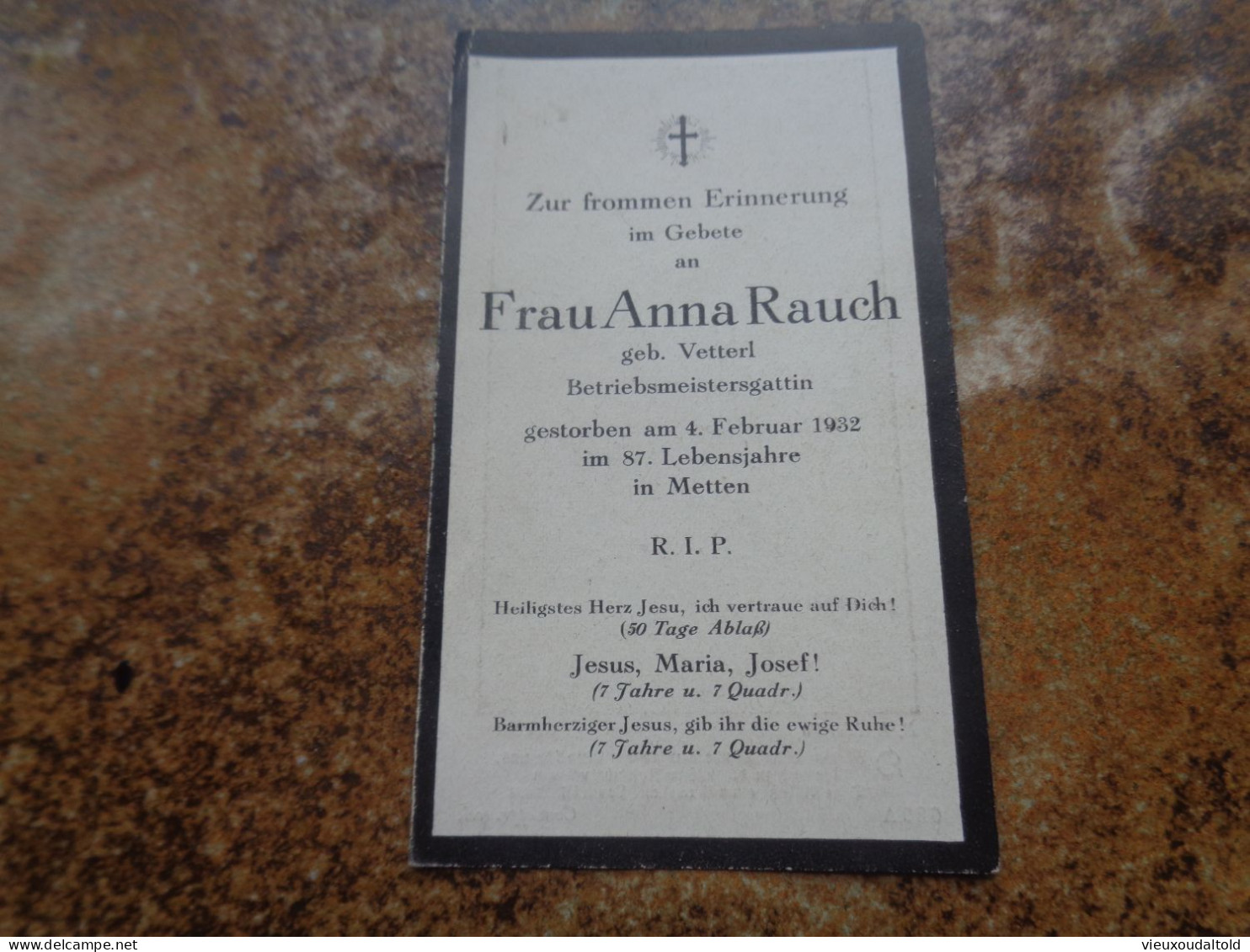 Doodsprentje/ Sterbekarte    1932  Frau Anna Rauch  Geb Vetterl  87 Jahre - Godsdienst & Esoterisme
