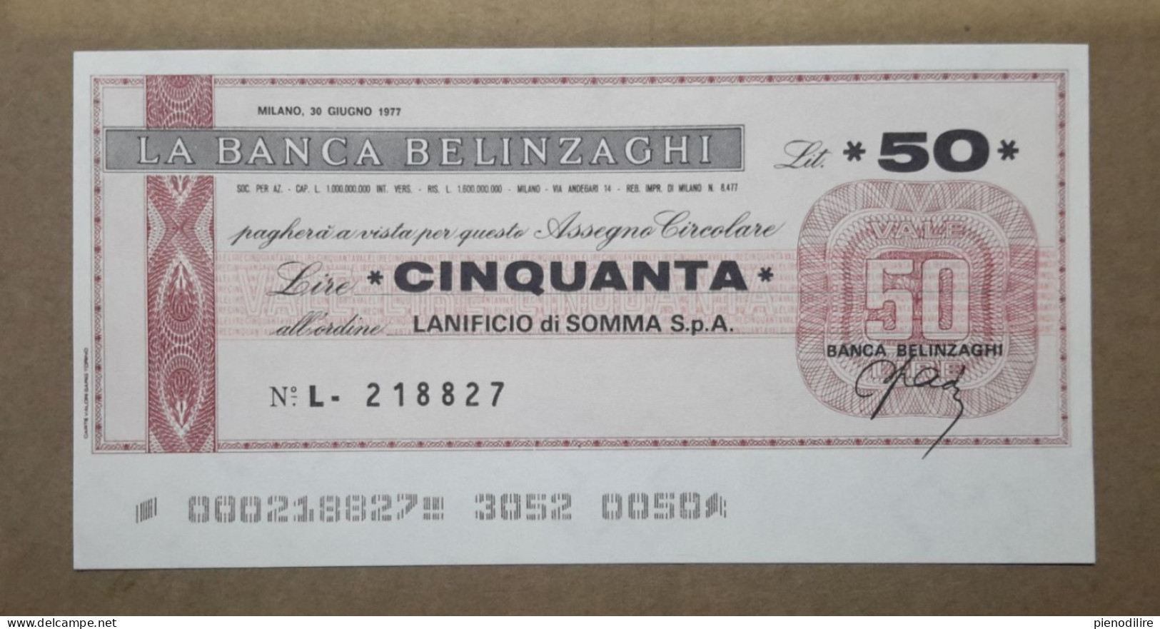 BANCA BELINZAGHI, 50 LIRE 30.06.1977 LANIFICIO DI SOMMA MILANO (A1.83) - [10] Chèques