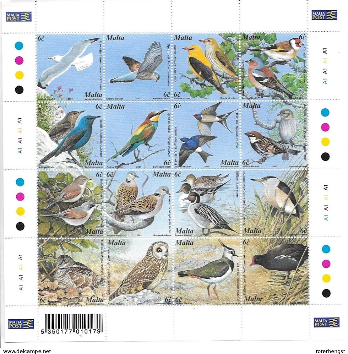 Malta Mnh ** 2001 Birds Sheet 15 Euros - Malta