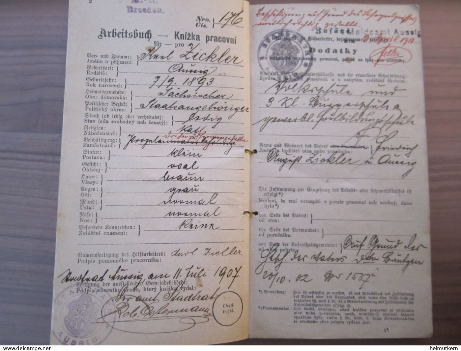 Arbeitsbuch - Knizka Pracovni - Aussig - Tschechien - Sudetenland - 1907 - 1921 - Historical Documents