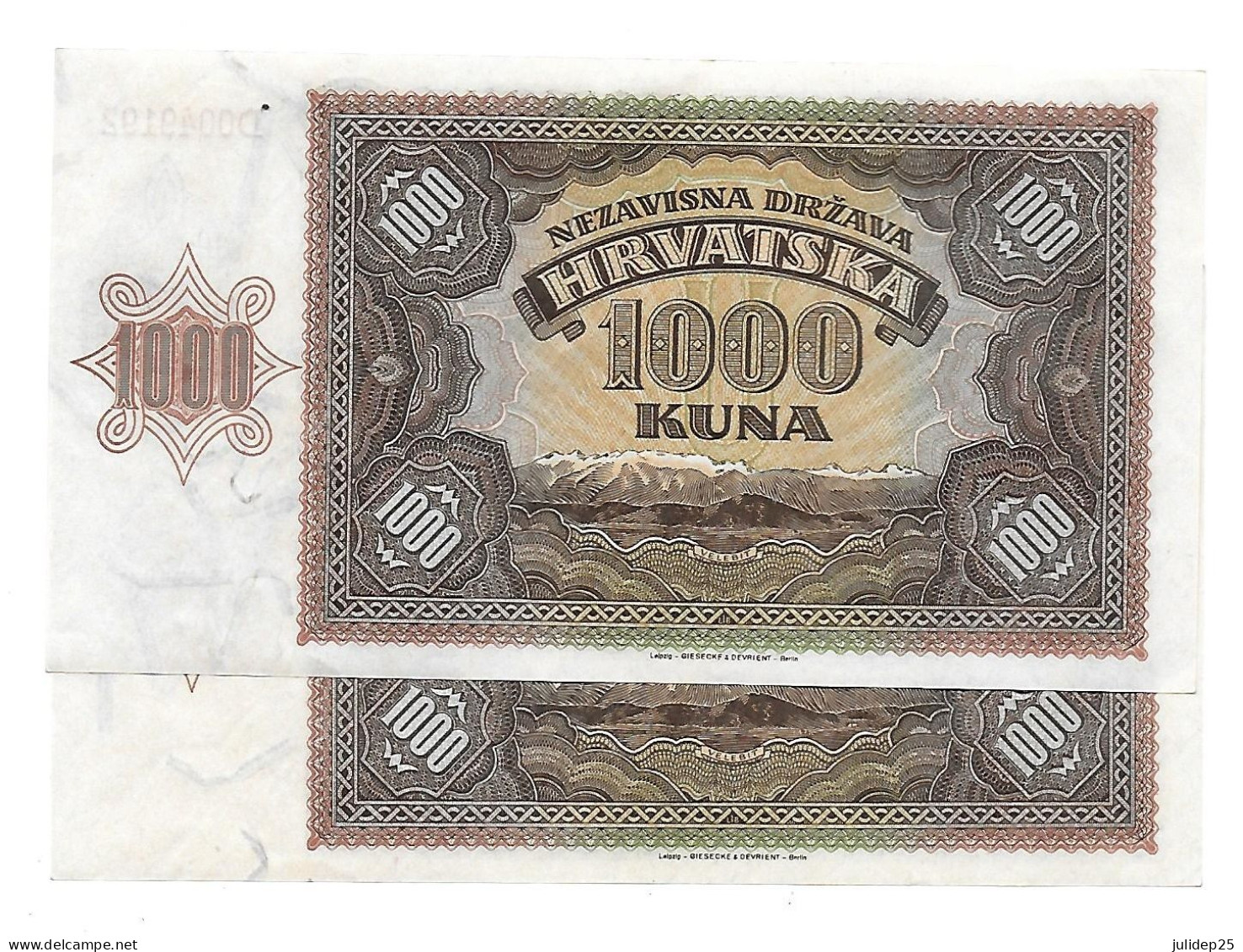 Croatie Croatia 1.000 Kuna 1941 UNC / NEUF  - 2 Consecutive - Kroatië