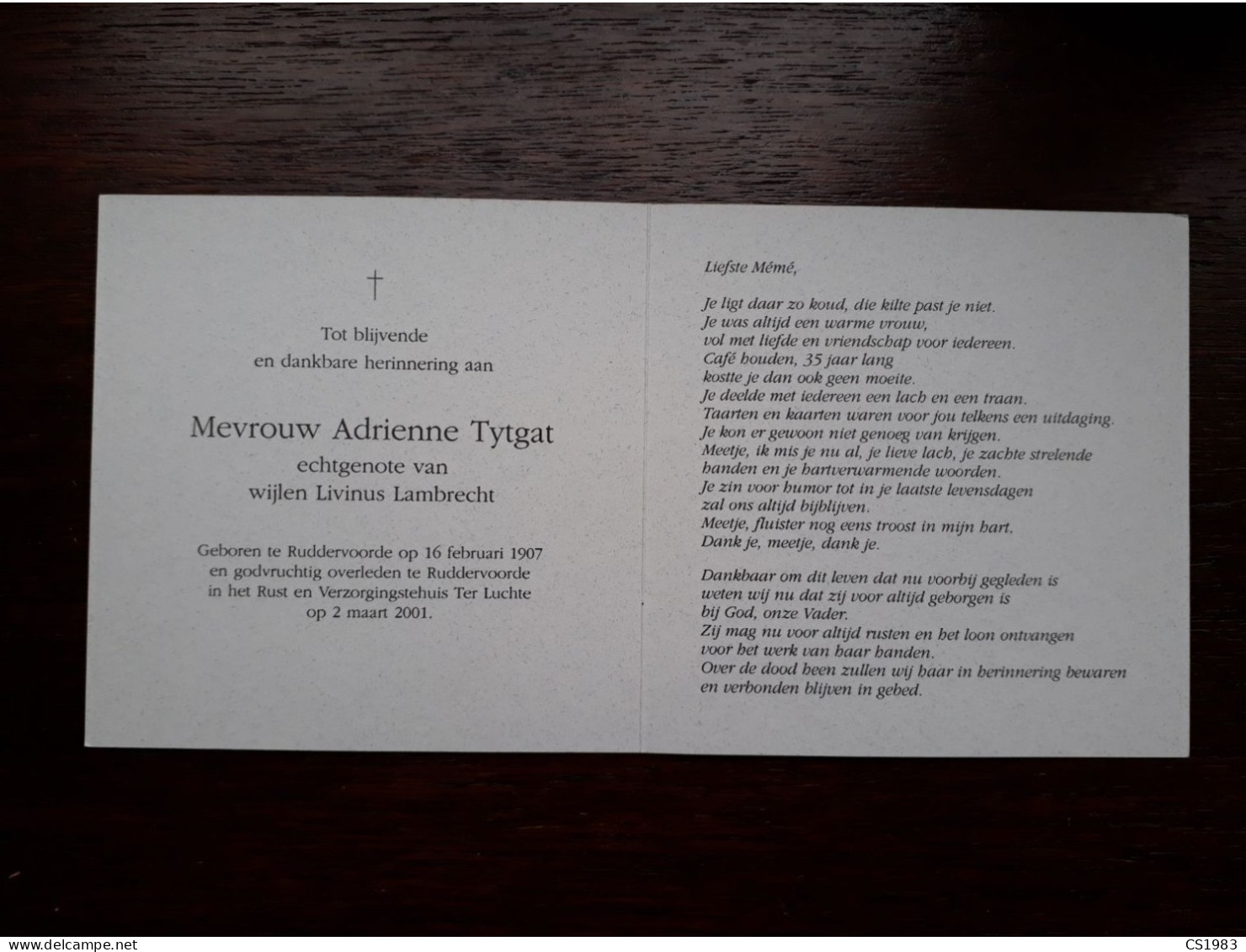 Adrienne Tytgat ° Ruddervoorde 1907 + Ruddervoorde 2001 X Livinus Lambrecht (Fam: Dewulf - Desaeyere - Mabbe - Verkest) - Obituary Notices