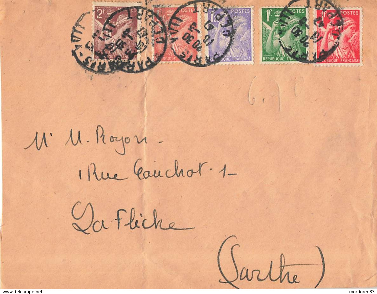 IRIS 5 COULEURS SUR LETTRE PARIS 10/3/1947 POUR LA FLECHE - Lettres & Documents