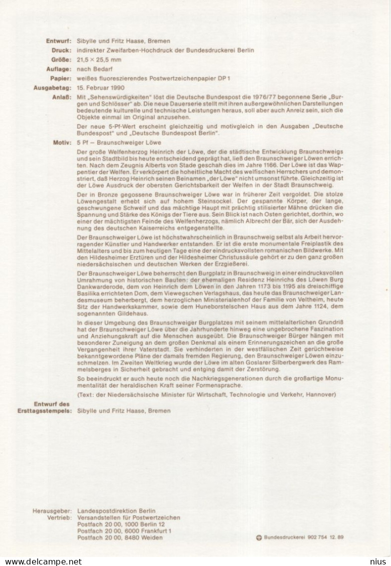 Germany Deutschland 1990-4 Sehenswurdigkeiten, Braunschweiger Lowe, Rollenmarken-Dauerserie, Canceled In Berlin - 1991-2000