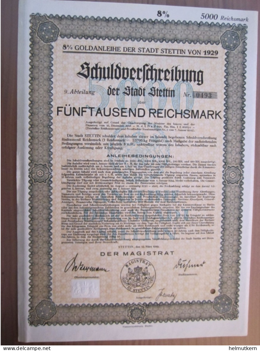 Schuldverschreibung - Stadt Stettin - Polen - 5000 Reichsmark - 1929 - Other & Unclassified