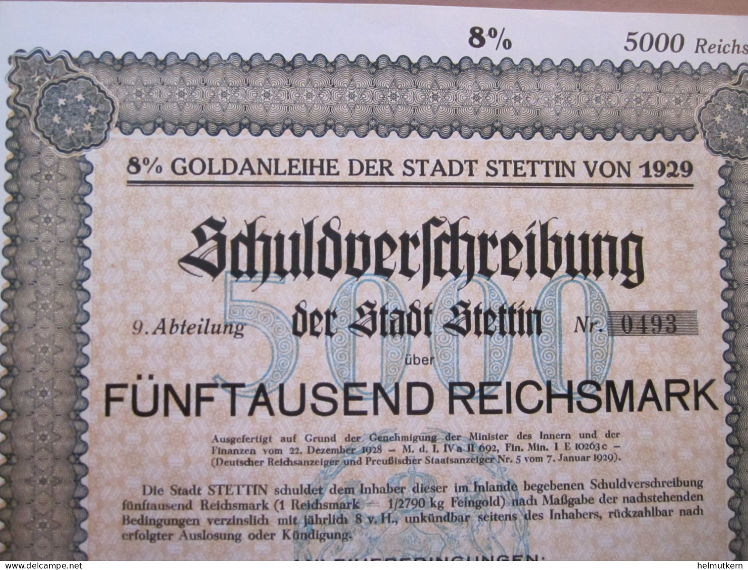 Schuldverschreibung - Stadt Stettin - Polen - 5000 Reichsmark - 1929 - Altri & Non Classificati