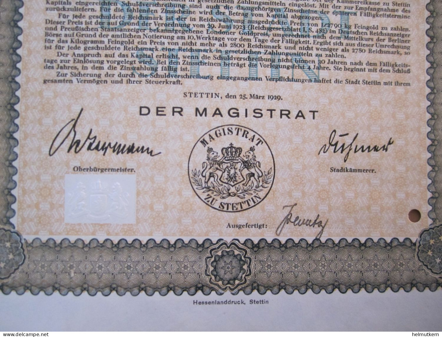 Schuldverschreibung - Stadt Stettin - Polen - 5000 Reichsmark - 1929 - Sonstige & Ohne Zuordnung