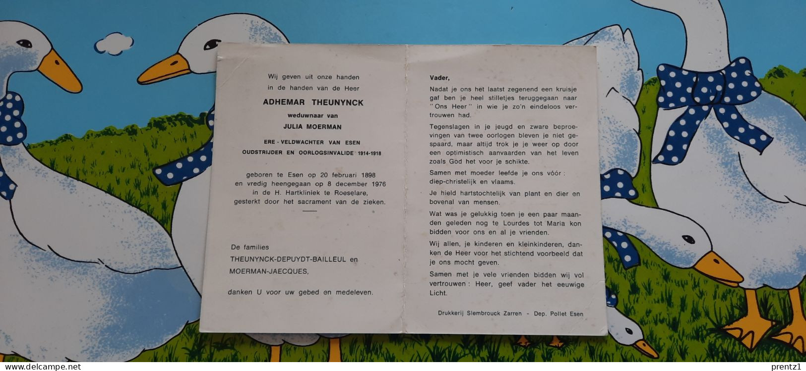 Adhemar Theunynck Geb. Esen 20/02/1898 - Getr. Julia Moerman - Veldwachter - Oudstrijder 1914-- Gest.Roeselare 8/12/1976 - Devotion Images