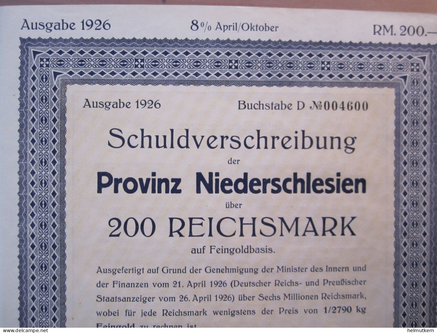 Schuldverschreibung - Provinz Niederschlesien - Polen - 200 Reichsmark - 1926 - Andere & Zonder Classificatie