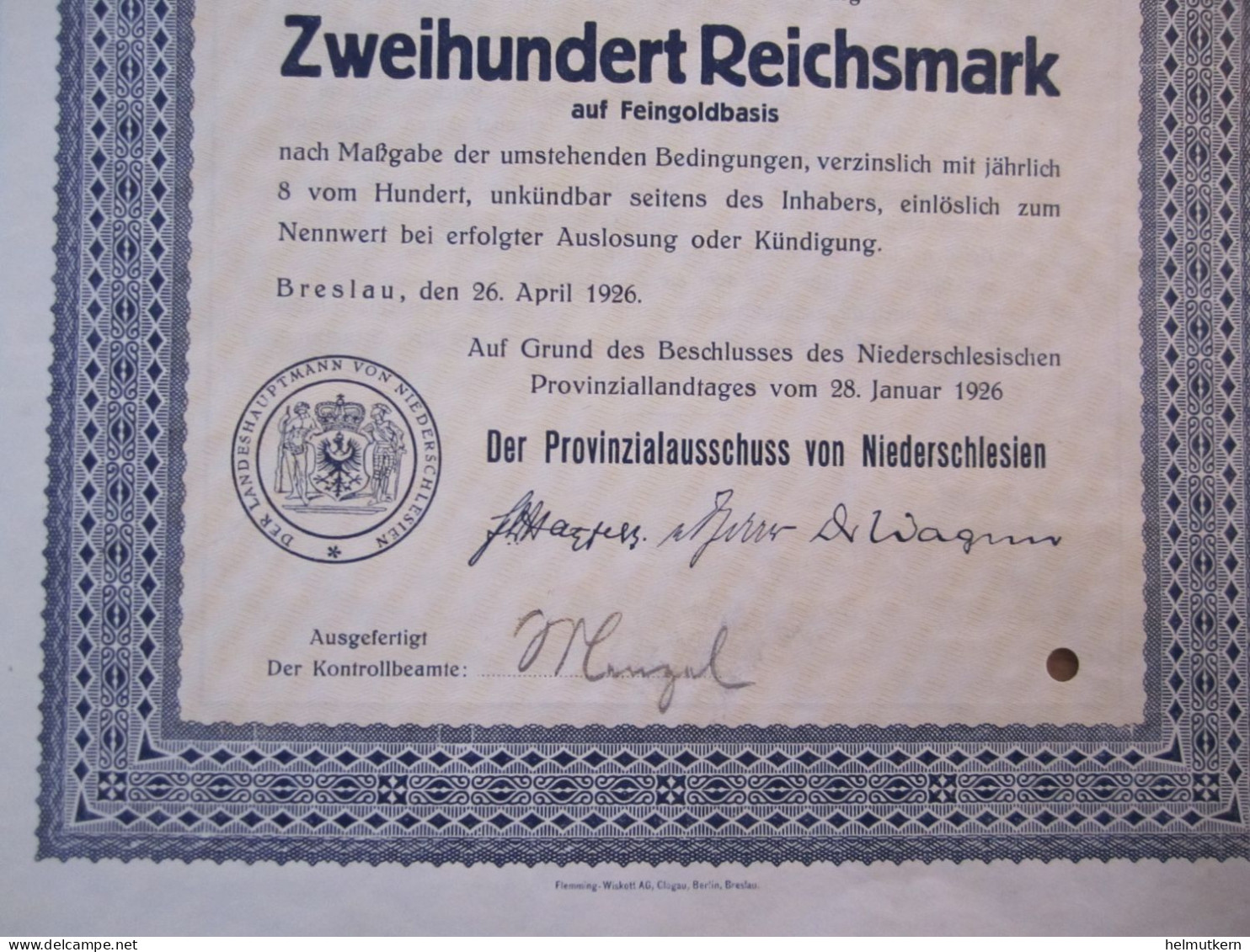 Schuldverschreibung - Provinz Niederschlesien - Polen - 200 Reichsmark - 1926 - Andere & Zonder Classificatie