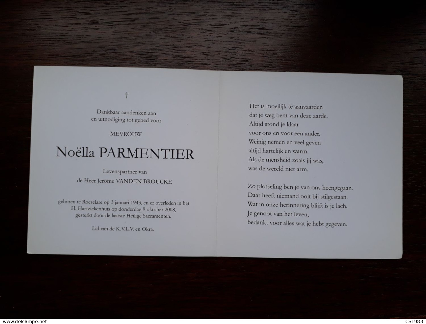 Noëlla Parmentier ° Roeselare 1943 + Roeselare 2008 X Jerome Vanden Broucke (Fam: Vandekerckhove-Demets-Vanacker-Sabbe) - Obituary Notices