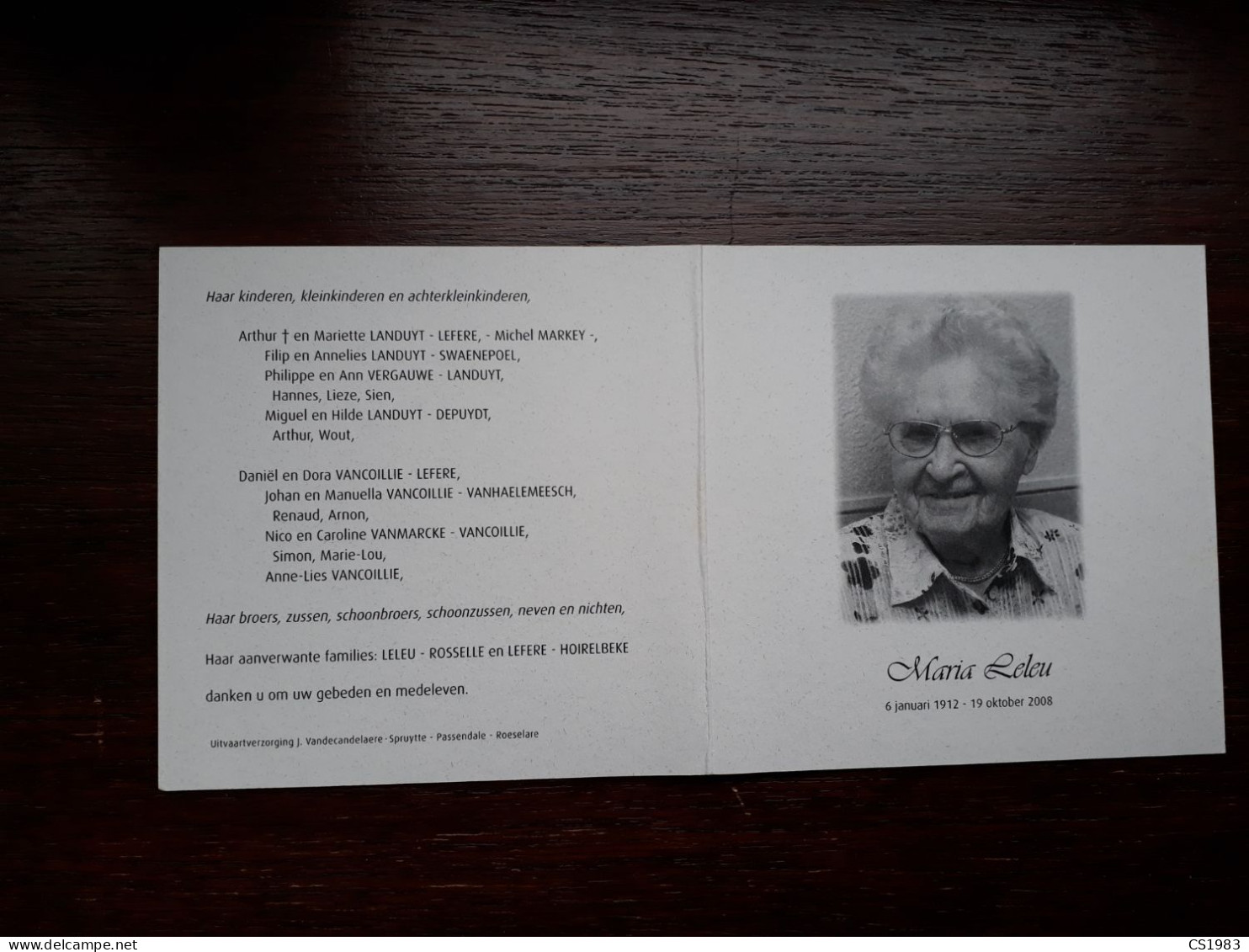 Maria Leleu ° Passendale 1912 + Roeselare 2008 X Aloïs Lefere (Fam: Rosselle-Hoirelbeke-Landuyt-Markey-Vancoillie) - Obituary Notices