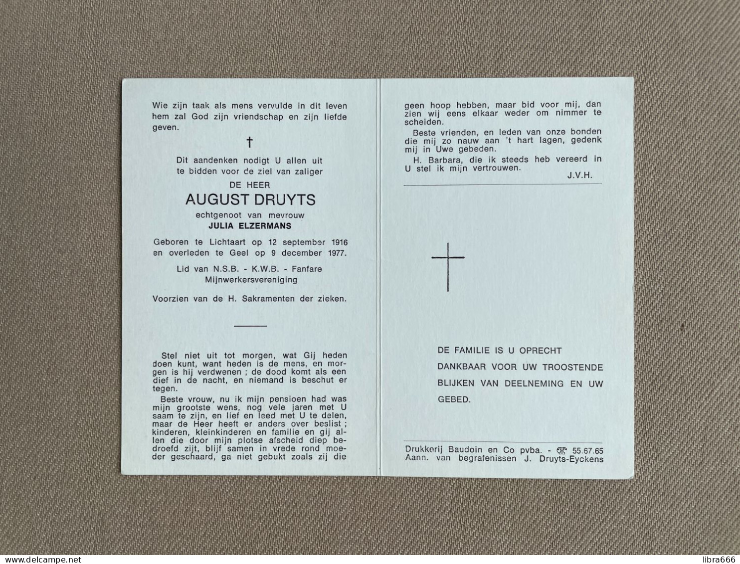 DRUYTS August °LICHTAART 1916 +GEEL 1977 - ELZERMANS - Lid N.S.B. & K.W.B. - Fanfare Mijnwerkersvereniging - Obituary Notices