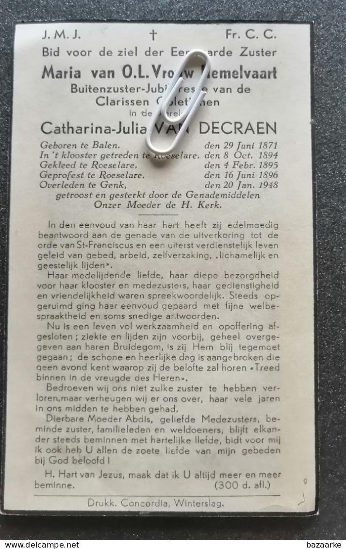 EERW. ZUSTER CATHARINA - JULIA VAN DECRAEN ° BALEN 1871 + GENK 1948 / CLARISSEN COLETIENEN - Andachtsbilder