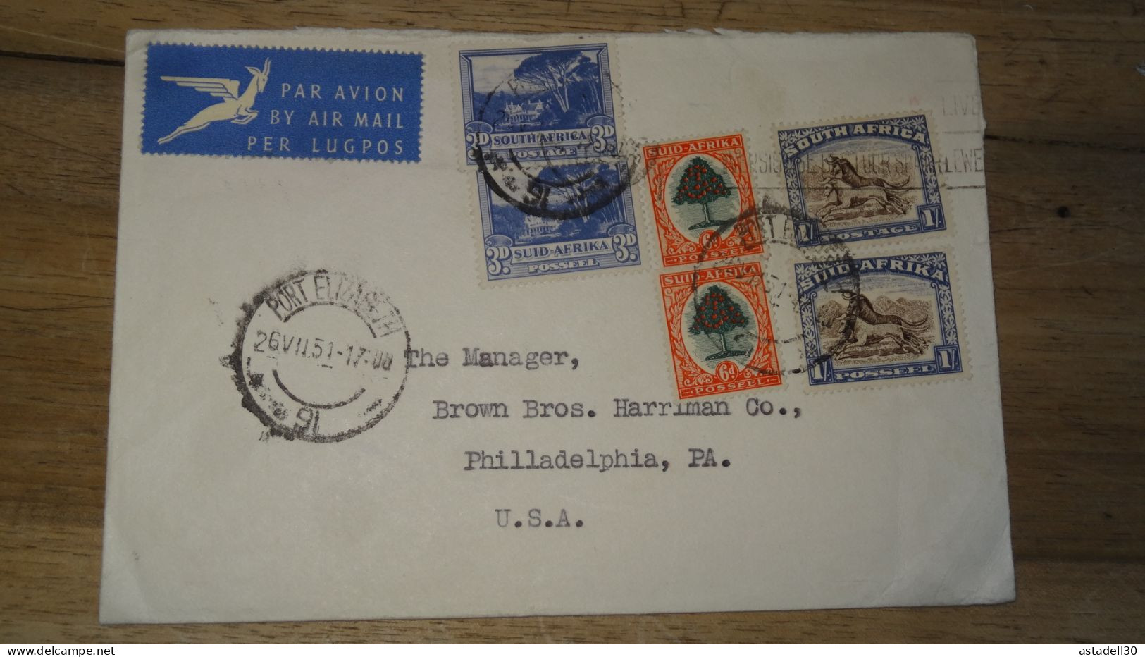 Enveloppe SOUTH AFRICA, Port Elisabeth To USA - 1951   ......... Boite1 ...... 240424-80 - Cartas