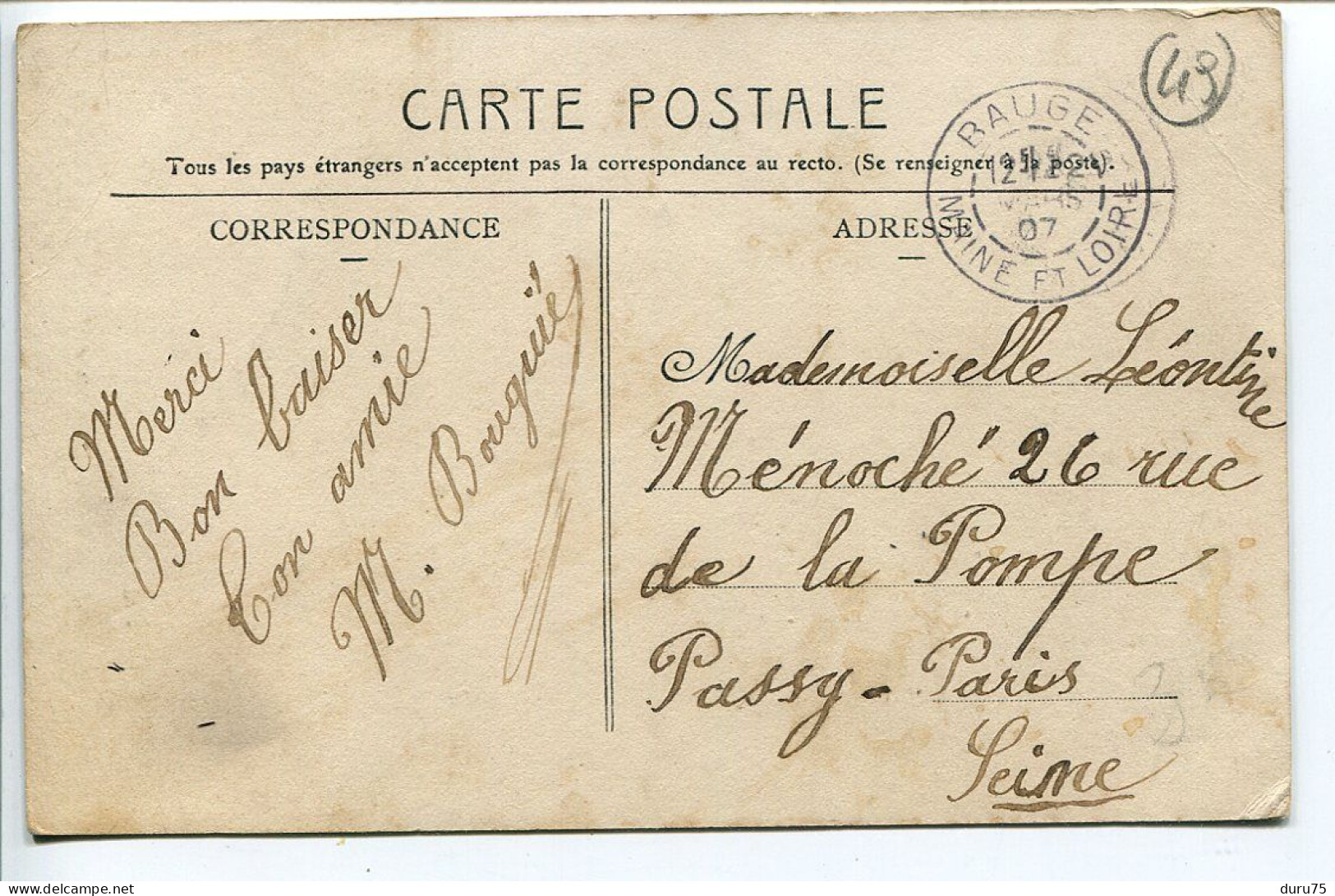 CPA Voyagé 1907 * BAUGÉ Pensionnat Saint Joseph * G. Thibault Editeur - Autres & Non Classés