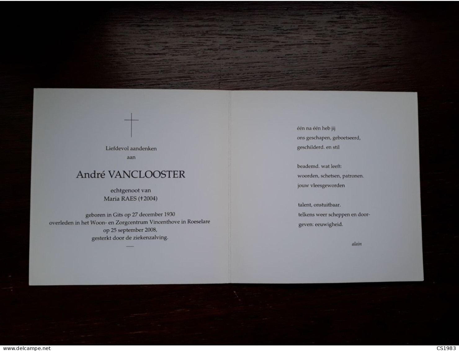 André Vanclooster ° Gits 1930 + Roeselare 2008 X Maria Raes (Fam: Viaene-Bonneure-Selschotter-Vandecasteele) - Todesanzeige