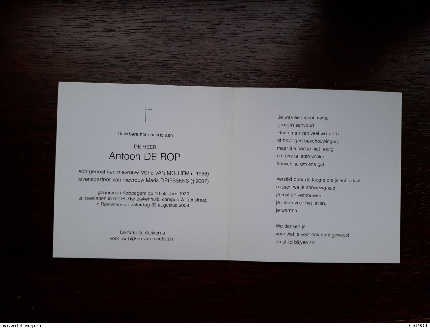 Antoon De Rop ° Kobbegem 1920 + Roeselare 2008 X Maria Van Molhem En Maria Driessens - Obituary Notices