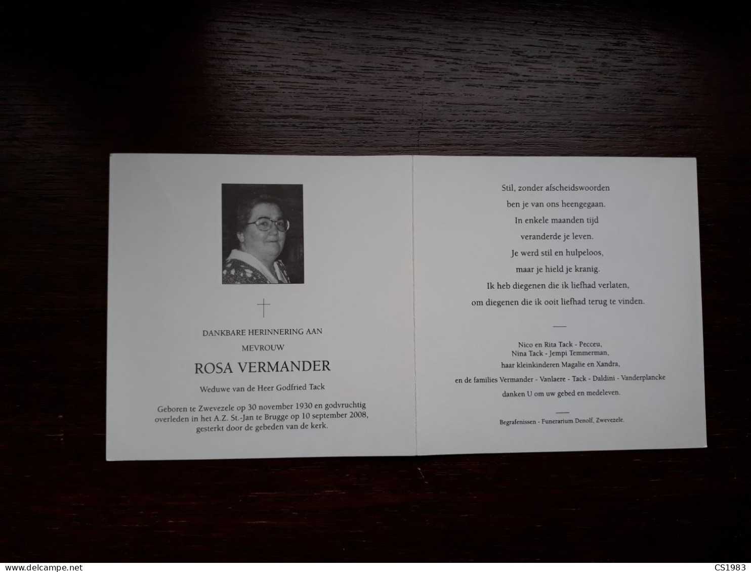 Rosa Vermander ° Zwevezele 1930 + Brugge 2008 X Godfried Tack (Fam: Vanlaere-Daldini-Vanderplancke-Pecceu-Temmerman) - Obituary Notices