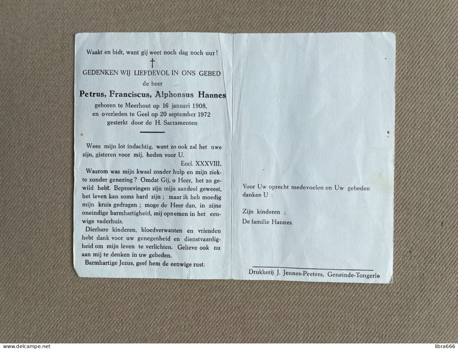 HANNES Petrus Franciscus Alphonsus °MEERHOUT 1908 +GEEL 1972 - Décès