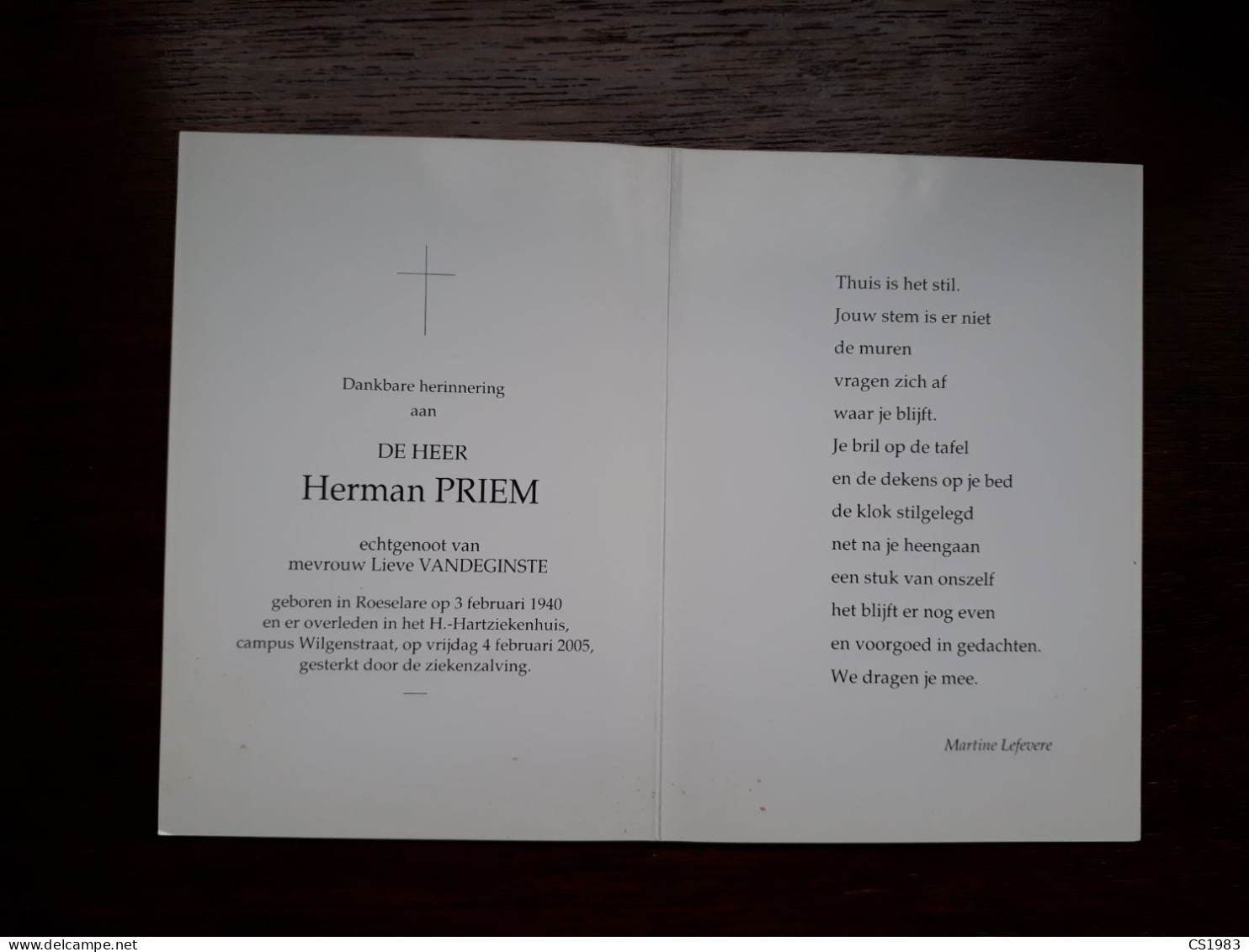 Herman Priem ° Roeselare 1940 + Roeselare 2005 X Lieve Vandeginste (Fam: Deforce-Vandenbussche-Lapeire) - Todesanzeige