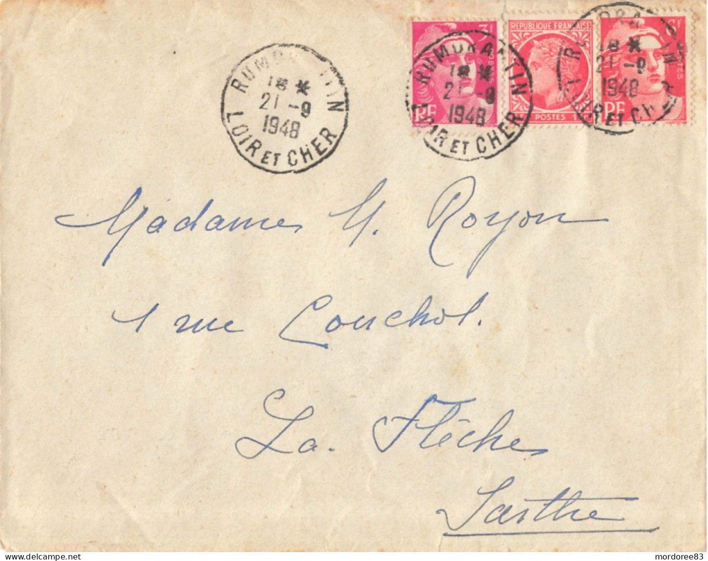 GANDON 3+6F +CERES 1F SUR LETTRE ROMORANTIN L&C 1ER JOUR DU TARIF A 10F POUR LA FLECHE SARTHE 21/9/1948 - Tariffe Postali