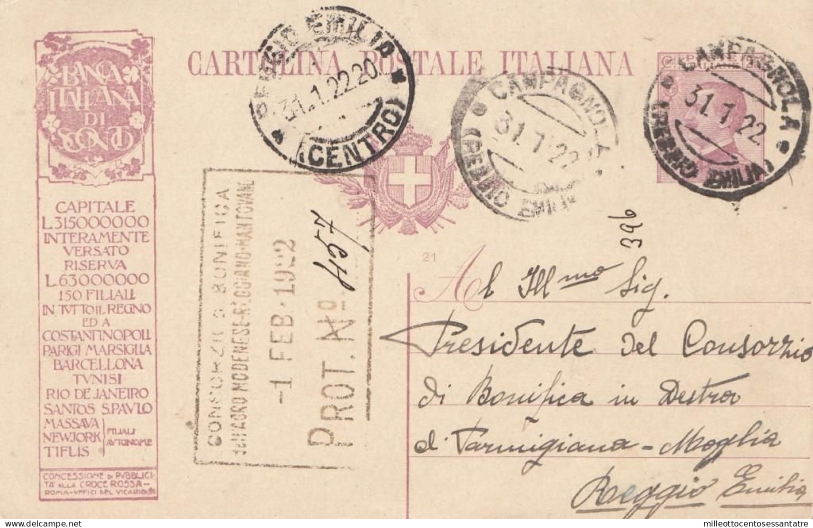 2273 -REGNO-Intero Postale Pubblicitario "BANCA ITALIANA DI SCONTO" Da Cent.25 Viola Del 1922 Da Carmagnola A Reggio E - Publicité