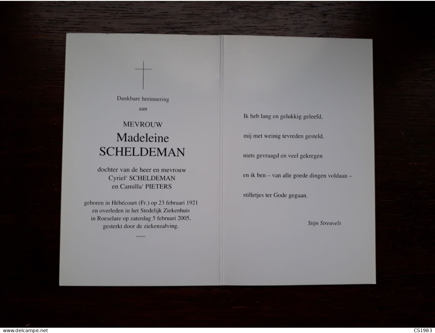 Madeleine Scheldeman ° Hébécourt (F) 1921 + Roeselare 2005 (Fam: Pieters) - Todesanzeige